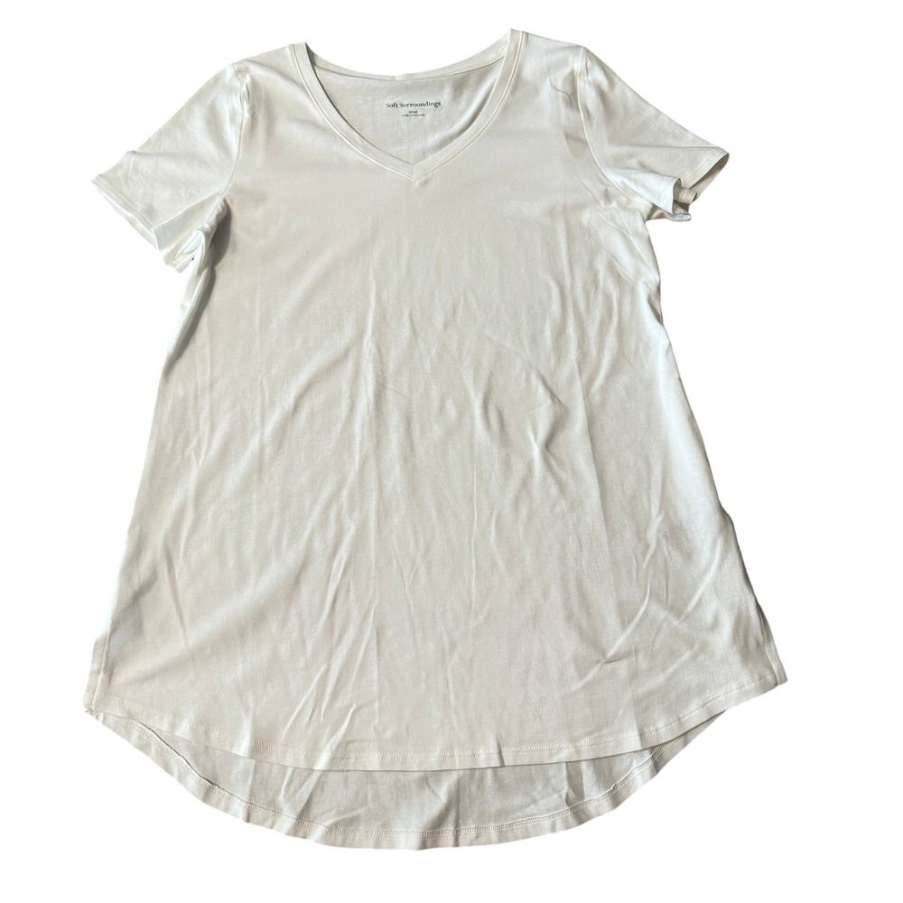 Soft Surroundings 2FE18 V-Neck T-Shirt Women Small Creamy White High-Low Hem - Picture 4 of 10